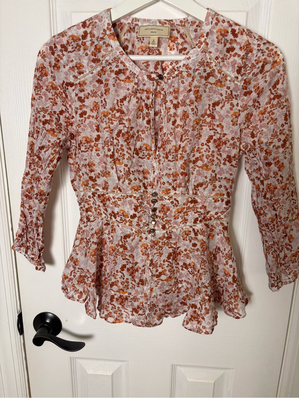 Anthropologie Moulinette Soeurs Rose and Rust Floral Smocked Peplum Blouse